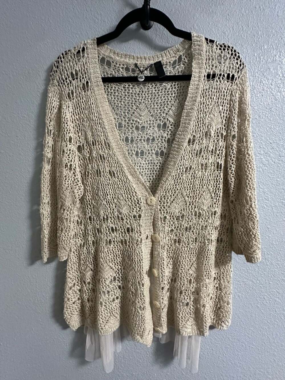 BKE Boutique Cream Crochet Knit Button Up Cardigan Sweater with Tulle Layer Hem